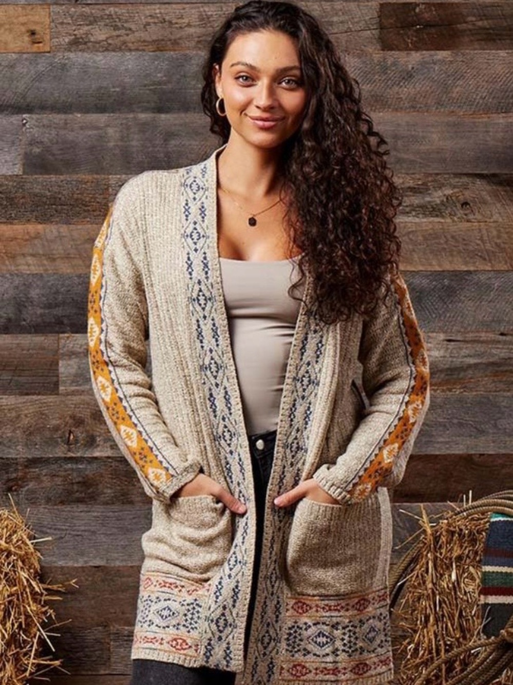 Lucky Brand Geometric Border Aztec Boho Open Front Cardigan